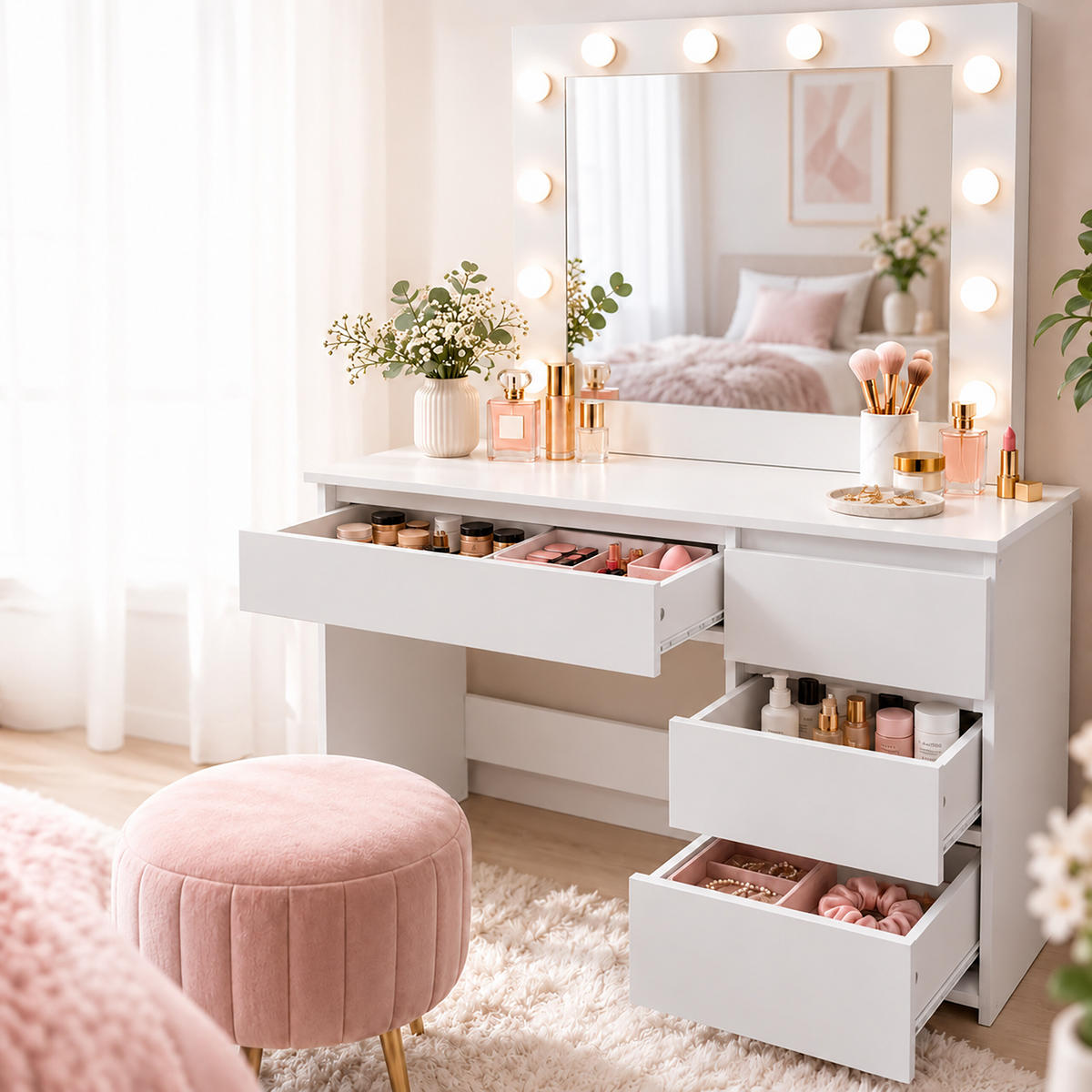 TOALETKA Bílá hollywoodské zrcadlo osvětlení 12 LED 4 zásuvky - bílá, kompozitní dřevo/sklo (94/140/43cm) - Relaxdays