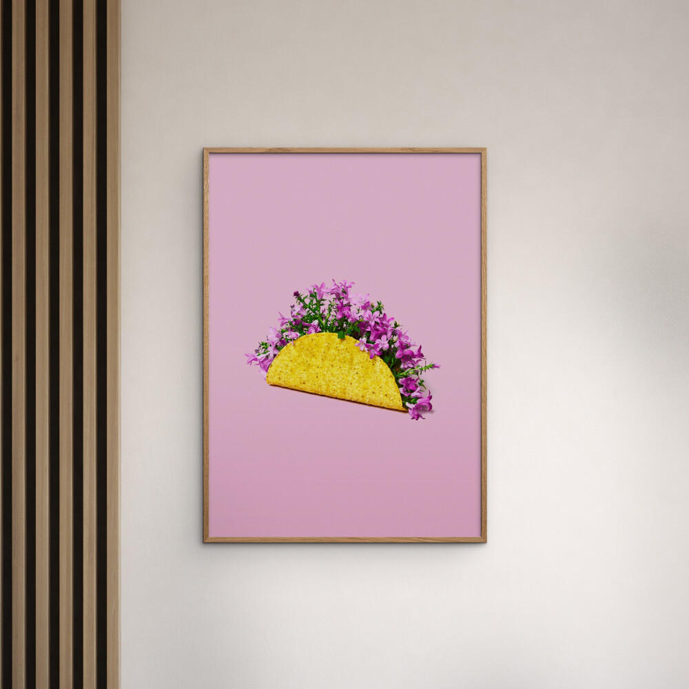 POSTER mit Rahmen Supermercat - Flower taco - Pink/Eichefarben, Holz/Papier (70/100cm) - Poster&Frame