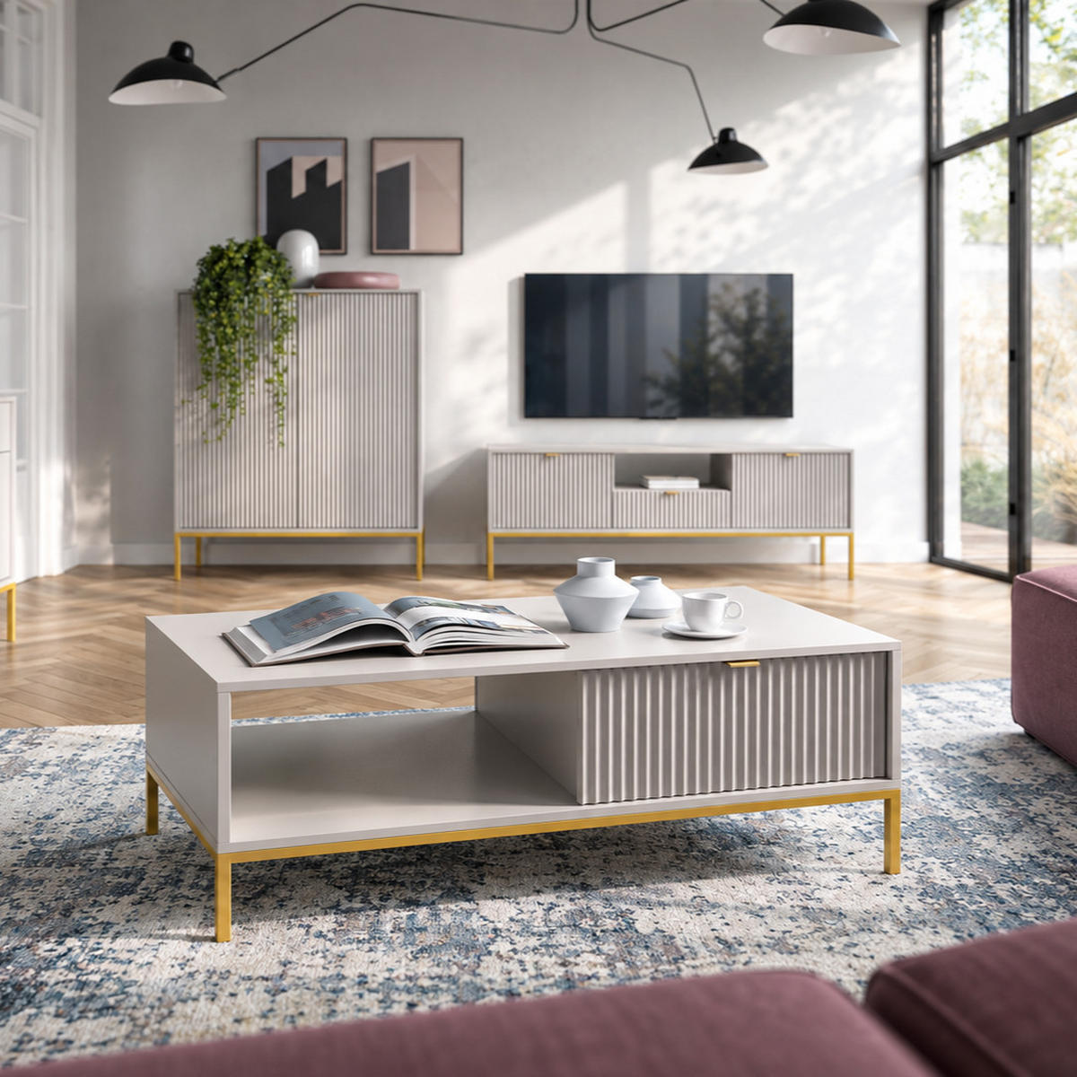 GRAUER Moderner Geriffelter Couchtisch KIOTO Ł2SZ (Gold Gestell, Vollauszug) - Goldfarben/Grau, Holz/Holzwerkstoff (68/104/46cm) - Ravio