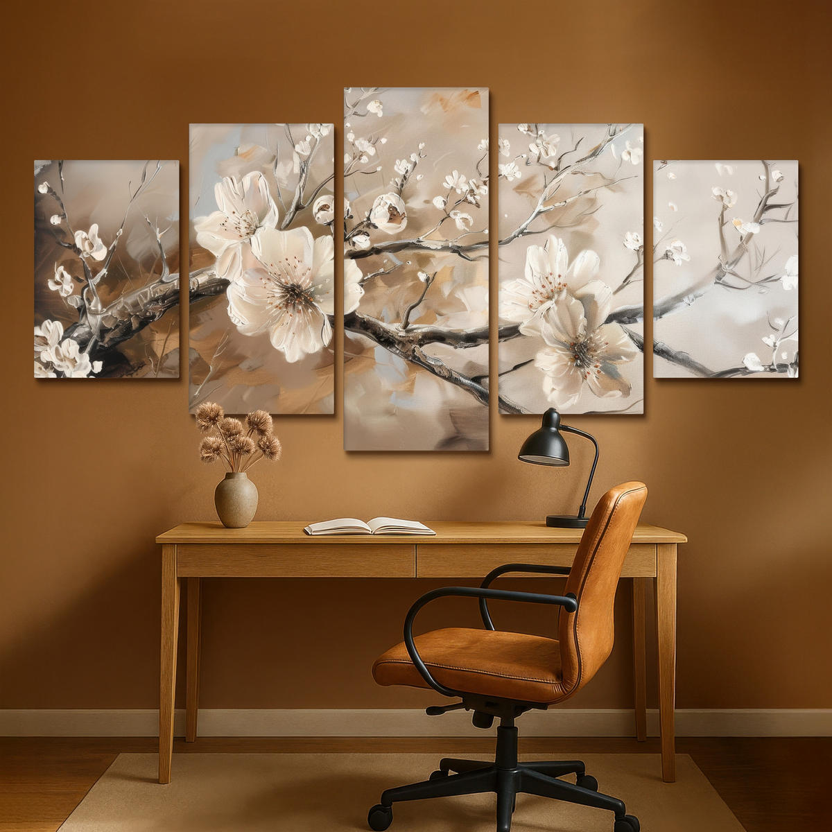 LEINWANDBILD 5er Set Blüte - Beige - Abstrakt - Blumen 200x100 cm - Hellbraun, Textil (200/100cm) - MuchoWow