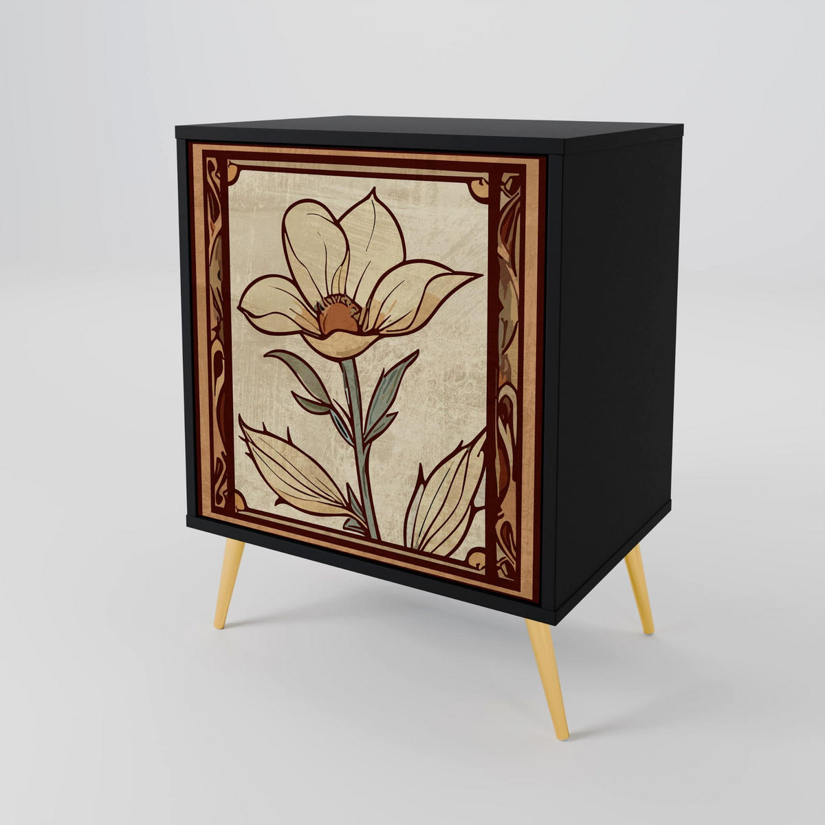 SIDEBOARD TIMELESS FLORA, Schwarz, 57,5x42x70,5 cm, Schwarze Metall-Sternfüße - Multicolor/Schwarz, Holzwerkstoff/Metall (57.5/70.5/42cm) - SpaceRebels