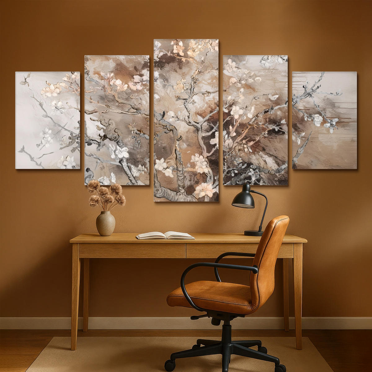 LEINWANDBILD 5er Set Mandelblüte - Abstrakt - Beige 200x100 cm - Beige, Textil (200/100cm) - MuchoWow