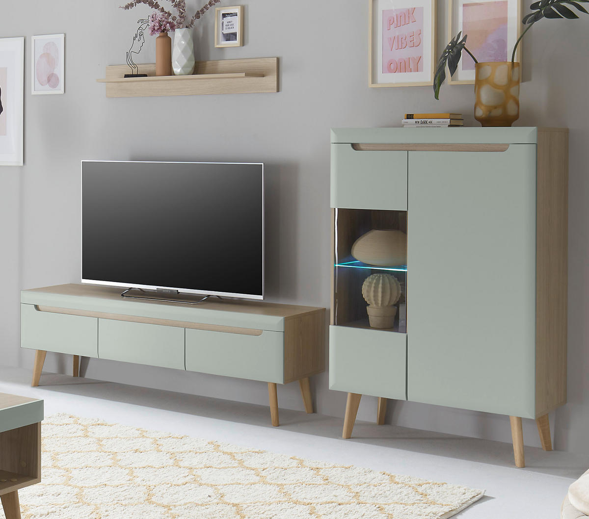 WOHNWAND 3-teilig pistazie grün, Eiche, skandinavisch 270 cm, Schrankwand mit Soft-Close-Funktion - Eichefarben/Pastellgrün, Glas/Eichenholz (270/170/40cm) - Furn.Design