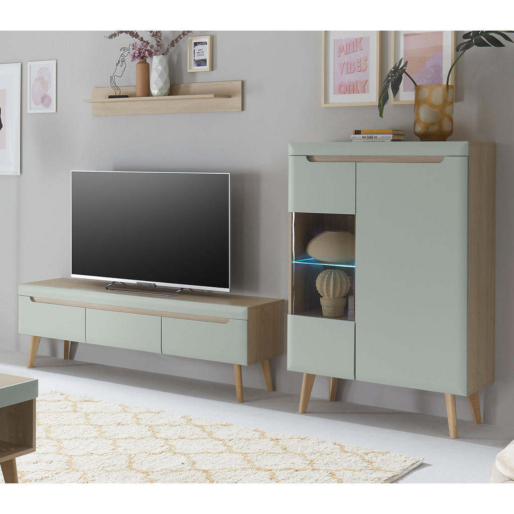Thumbnail - Furn.Design Wohnwand, Eiche, Pastellgrün, Holzwerkstoff, Nachbildung, Echtholz,Eiche, Uni, Holz Optik, 3 Fächer, 3 Schub...