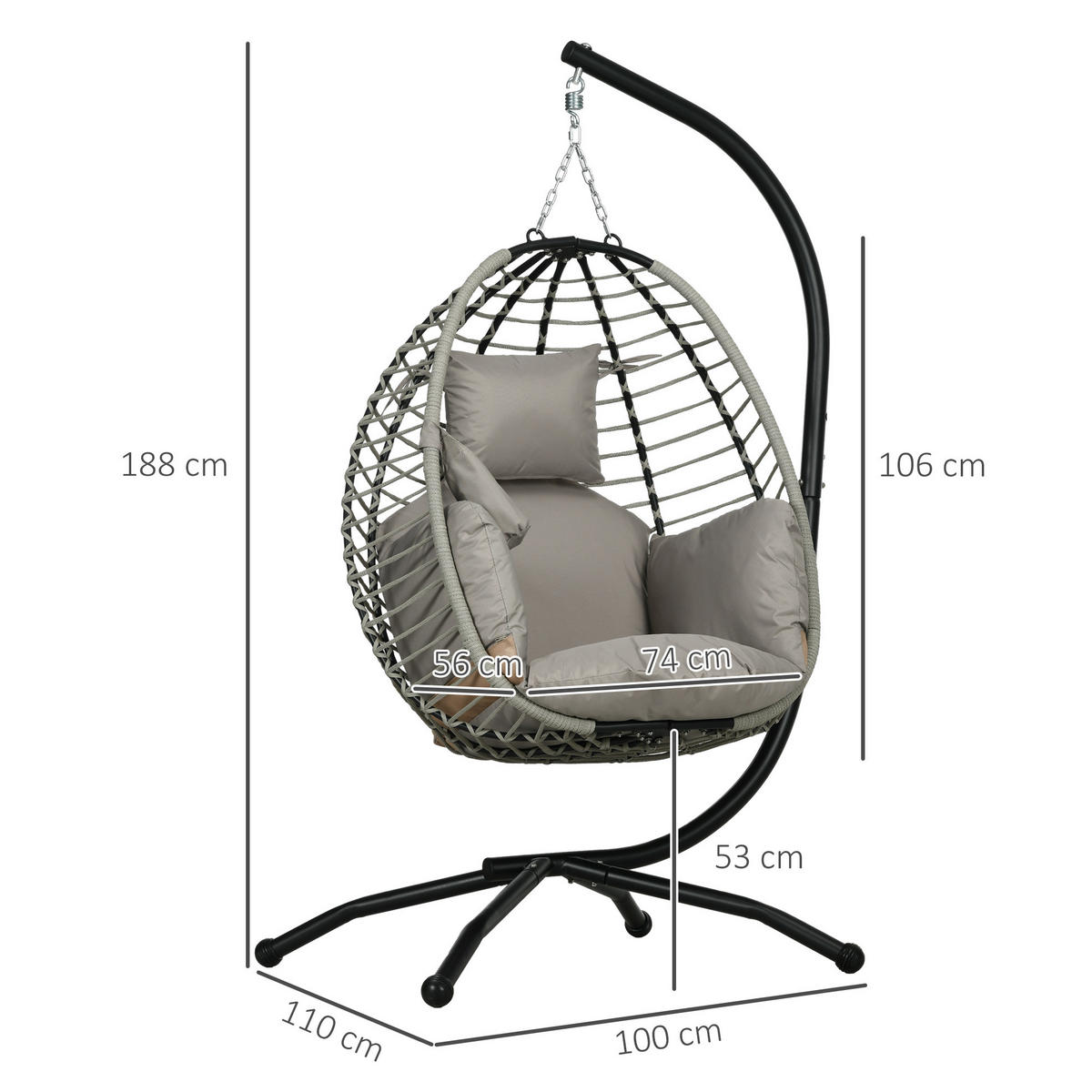 HÄNGESESSEL aus Stahl 110x100x188 cm in Grau mit klappbarem Sitzkorb - Grau, Metall (100/188/110cm) - Modfu