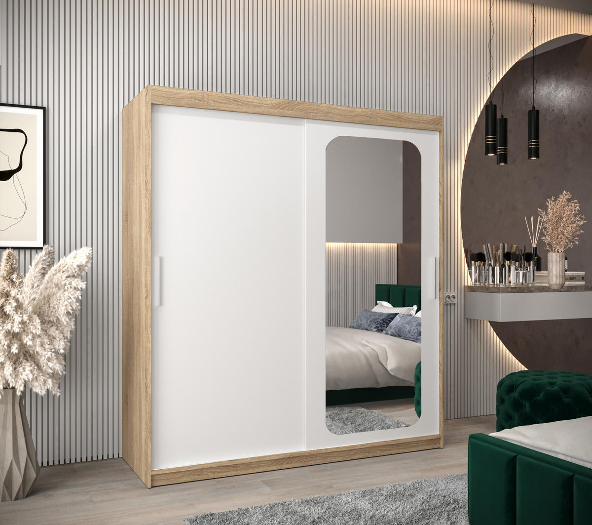 SCHWEBETÜRENSCHRANK 200/180/62 2-türig - Silberfarben/Weiß, Holz/Kunststoff (180/200/62cm) - Abiks Möbel