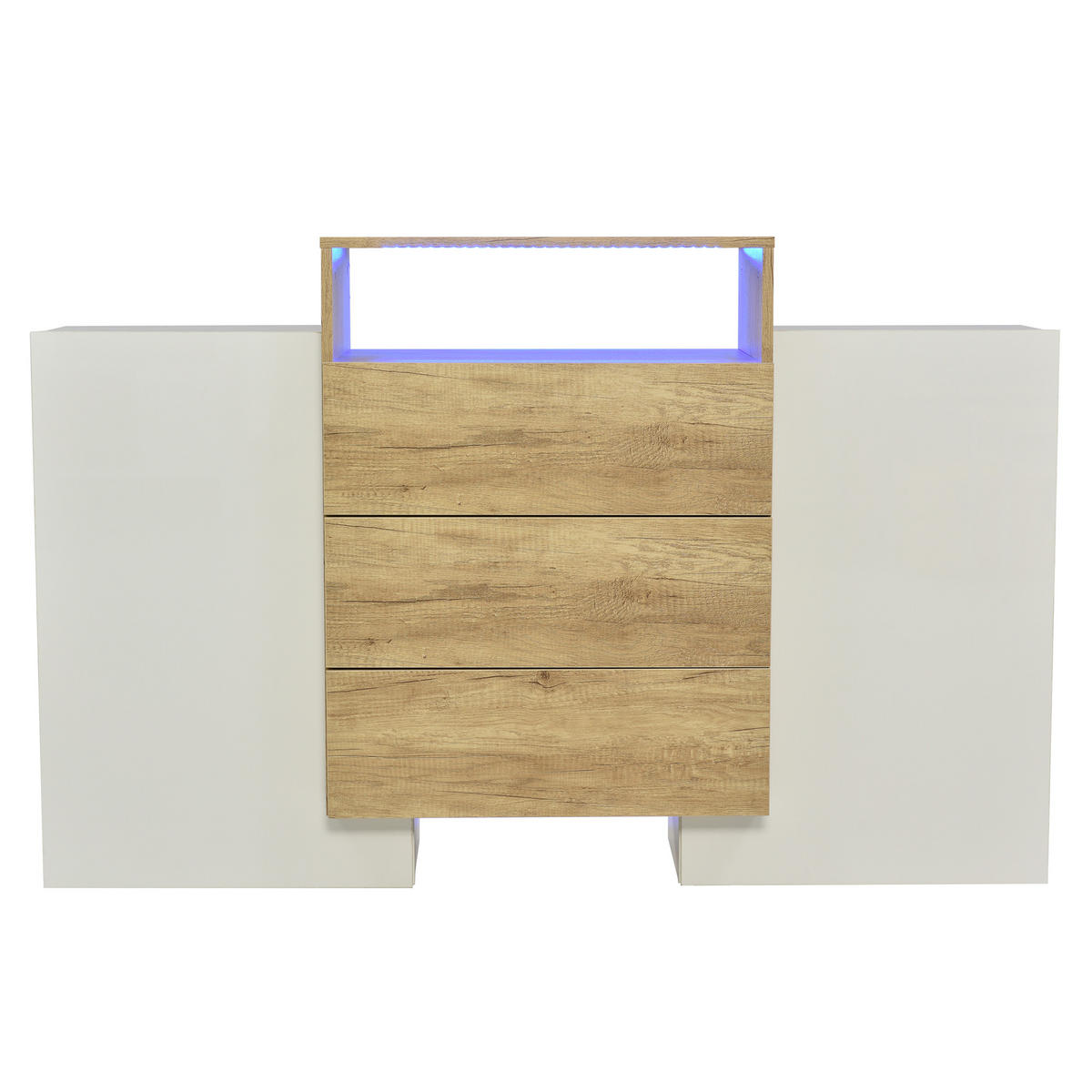SIDEBOARD aus MDF in Hochglanz mit Holzoptik, 2 Türen, 3 Schubladen, mehrfarbiges LED-Strip, 140/30/77,5 cm, Weiß - Weiß, Holzwerkstoff (140/77.5/30cm) - Redom