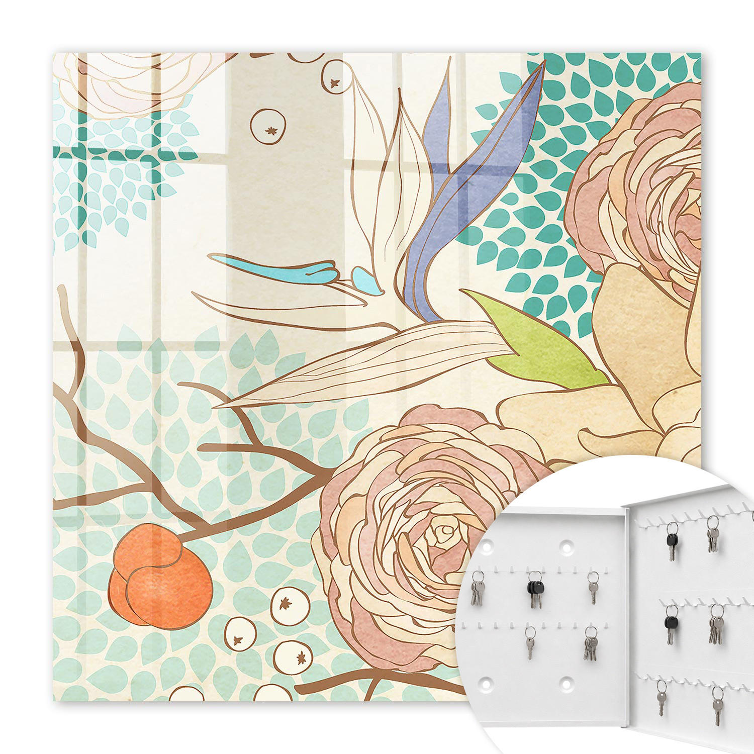 SCHLÜSSELBOX Weiß 30x30 cm – Türöffnung nach rechts - Abstrakte Blumen - Creme, Metall (30/30/5cm) - TULUP