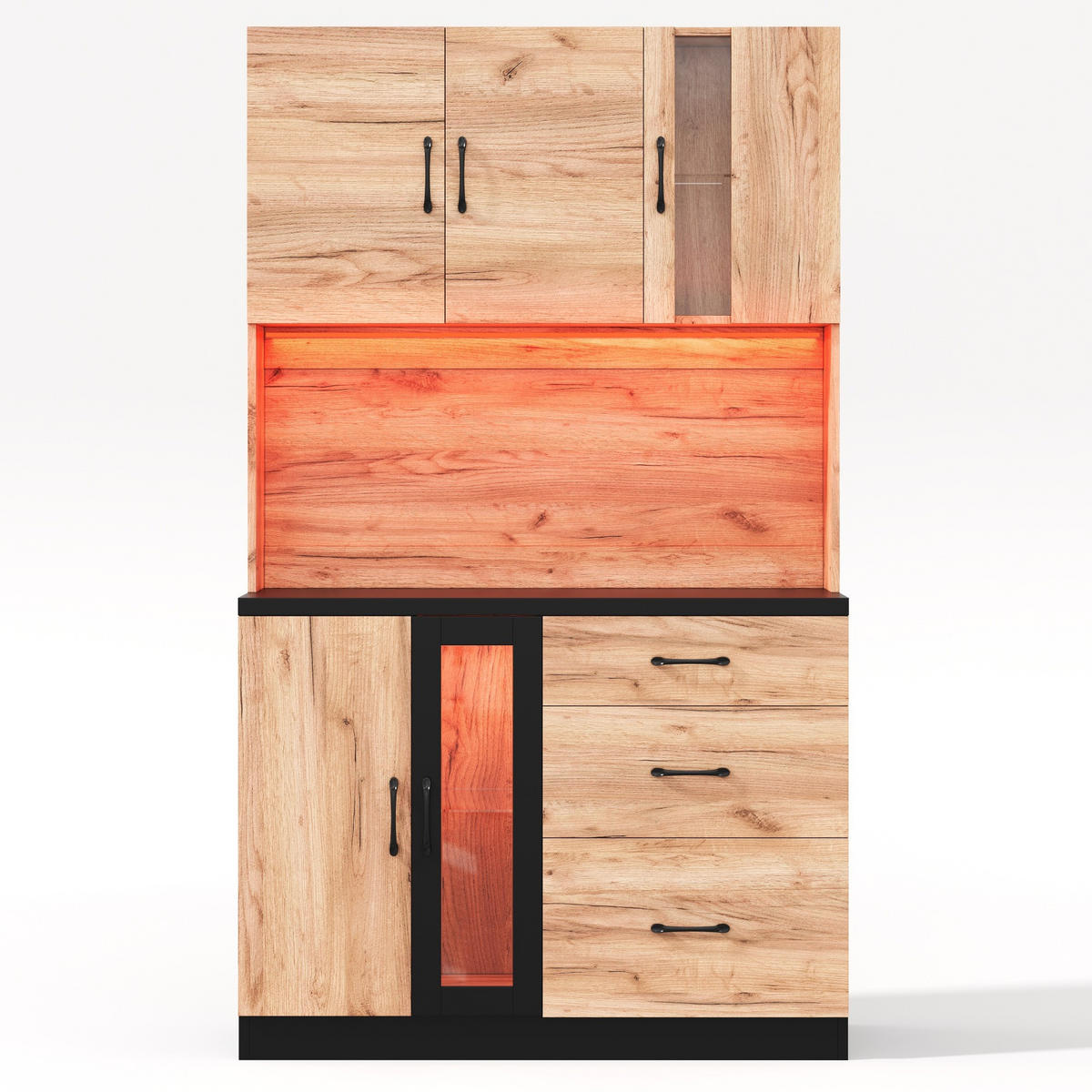 KÜCHENSCHRANK in Naturfarbe Küchenbuffet mit LED-Beleuchtung und Steckdose für Küchen und Esszimmer, B105/T40/H180 cm - Naturfarben, Holzwerkstoff (105/180/40cm) - STILVORA