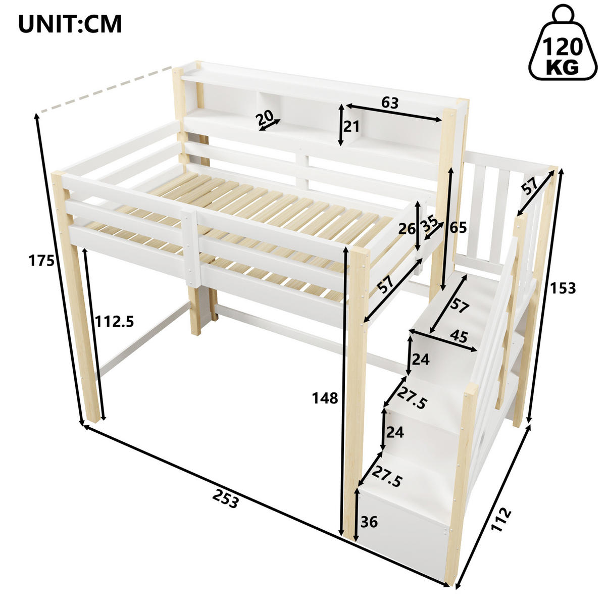 HOCHBETT 90/200 cm mit LED-Beleuchtung, Stauraumtreppe und offenem Staufach, Weiß/Natur - Weiß, Holz (90/200cm) - Redom