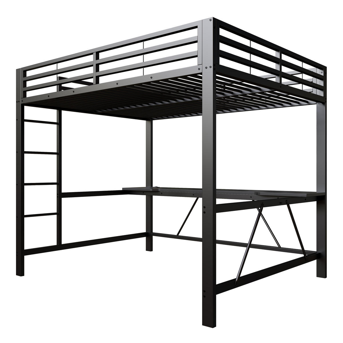 HOCHBETT 160/200 cm in Schwarz mit Schreibtisch, LED und USB Metall - Schwarz, Metall (160/200cm) - CHICFURN