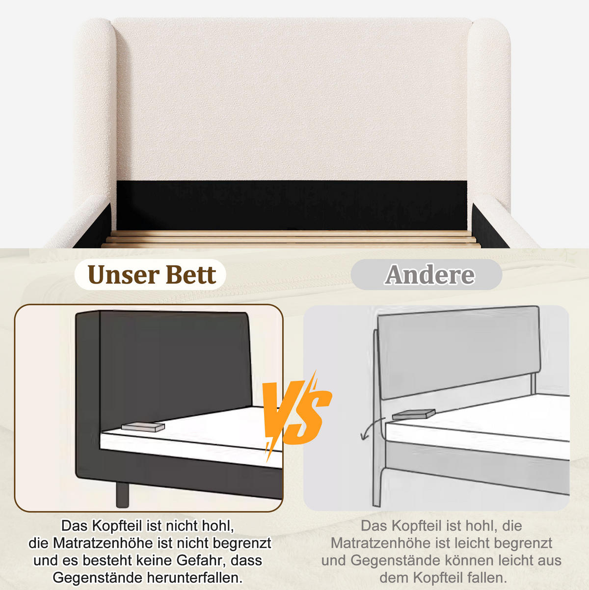 POLSTERBETT mit Bouclé-Bezug 180x200 cm Beige mit Lattenrost und abnehmbarem Kopfteilbezug - Beige, Textil (180/200cm) - Modfu