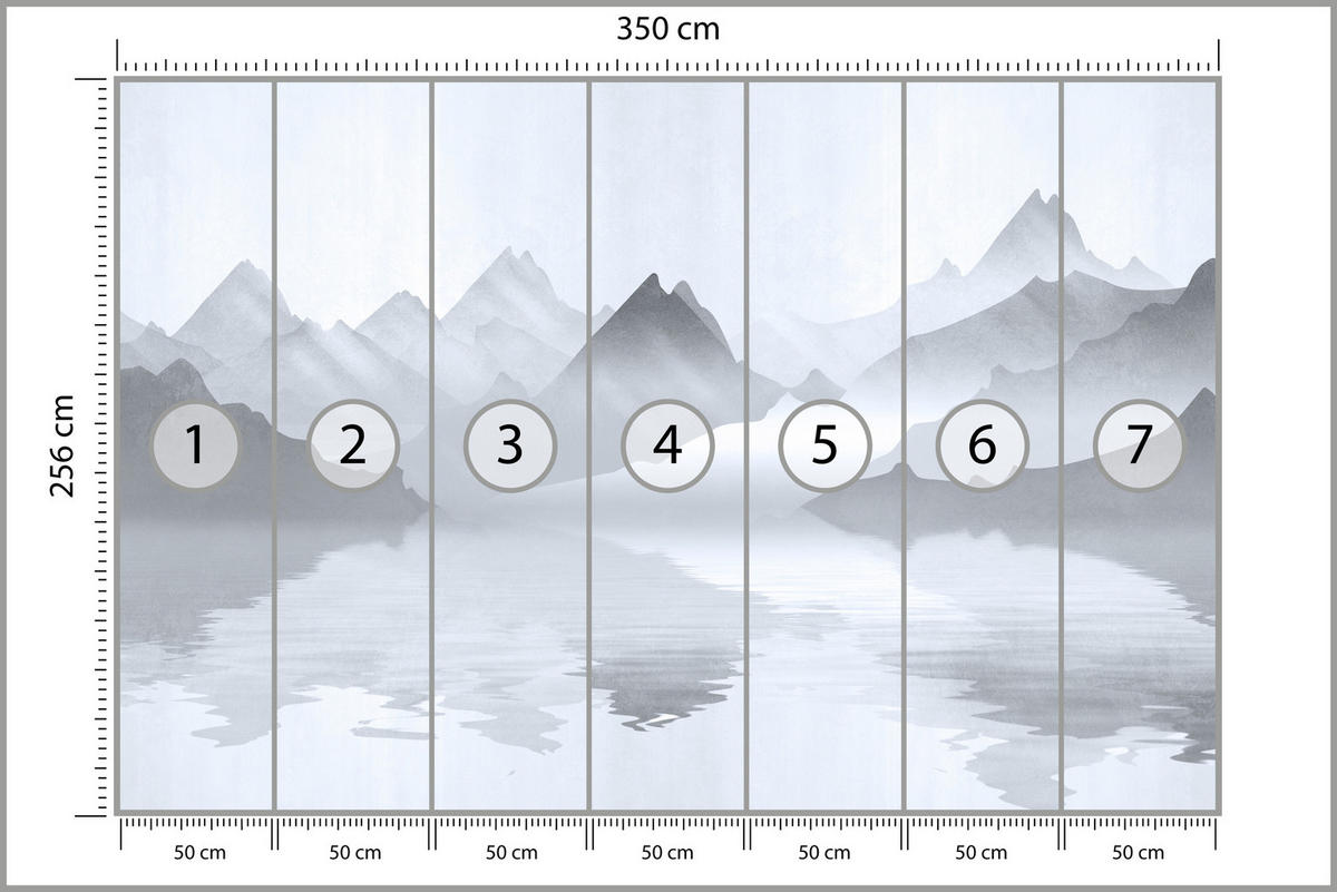FOTOTAPETE für Wohnzimmer Aquarell Graue Berge See 350x256 - Weiß/Grau, Papier (350/256cm) - Muralo
