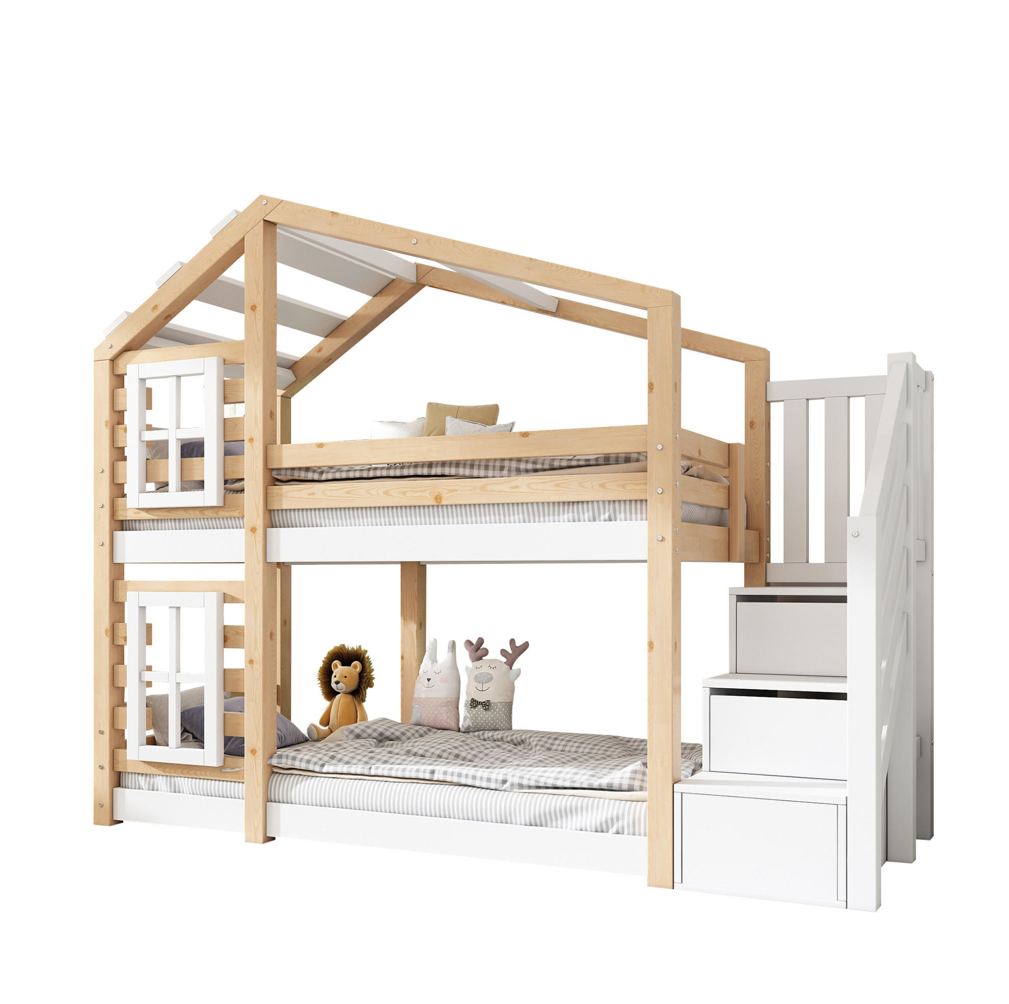 HAUSBETT 90/200 cm Natur & Weiß aus Kiefer-Massivholz und MDF mit Stauraum - Naturfarben, Holzwerkstoff (90/200cm) - OKMYHOME