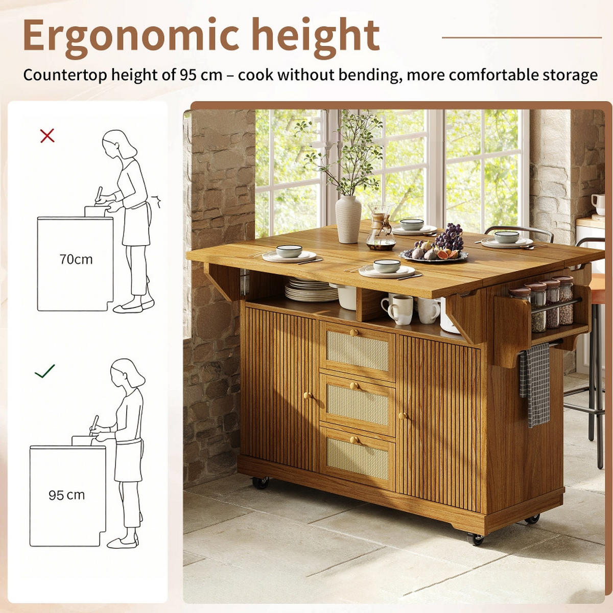 KÜCHENINSEL SERVIERWAGEN AUSKLAPPBAR, Küche Balkon Camping, 142,5/80/95 cm - Dunkelbraun, Kunststoff (80/95/142.5cm) - Rolipo