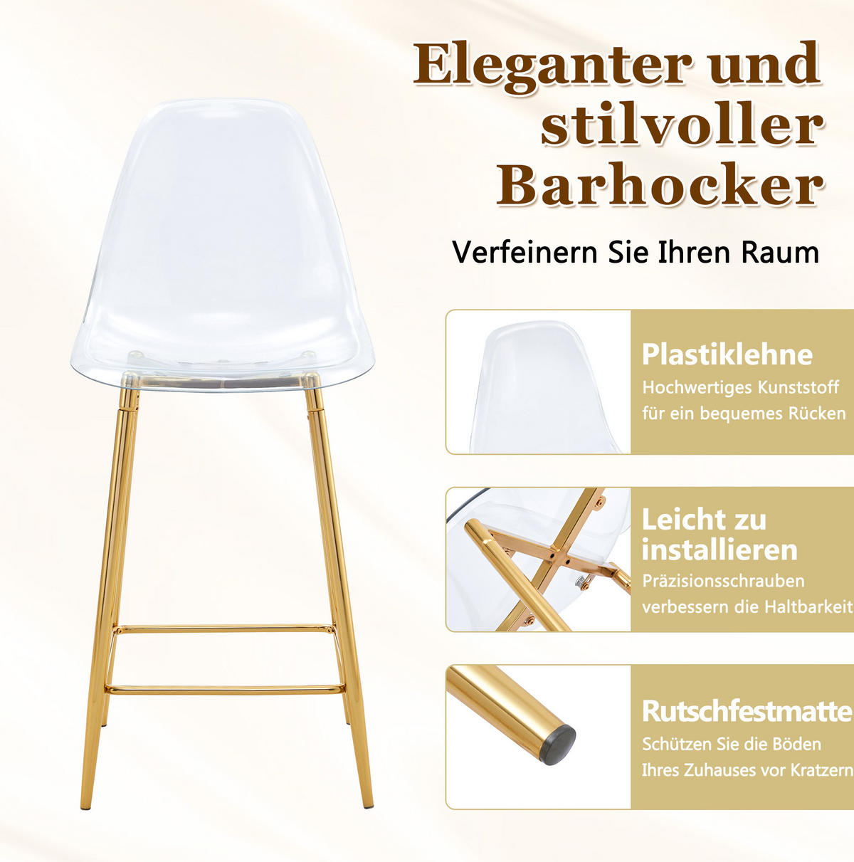 BARHOCKER transparent mit Metallgestell und Fußstützen - Goldfarben, Kunststoff (45/102/51cm) - MIVRAY
