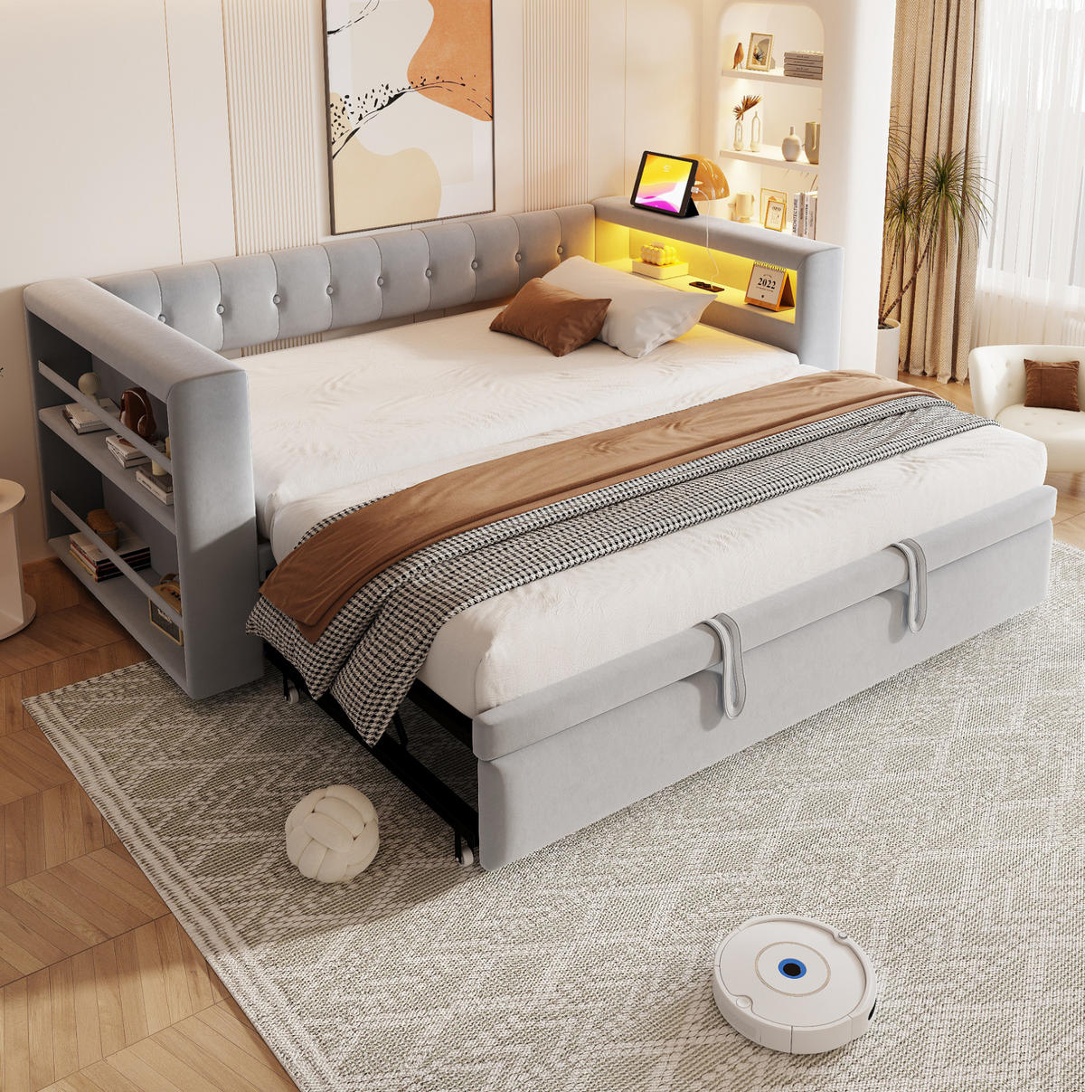 POLSTERBETT 90/190 cm mit LED-Beleuchtung, Steckdose und Armlehnen-Stauraum, Flanell, Hellgrau - Hellgrau, Textil (90/190cm) - Redom
