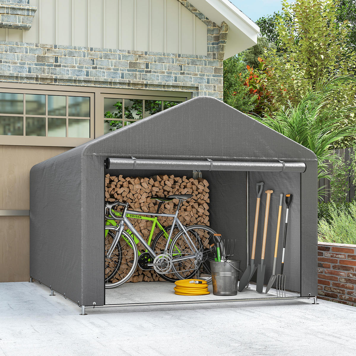 GARTENHAUS Fahrradschuppen, Reißverschlusstür, wasserdicht, UV-beständig 2,4 x 2 x 2 m ,grau - Hellgrau, Metall (200/183/238cm) - Vallsero