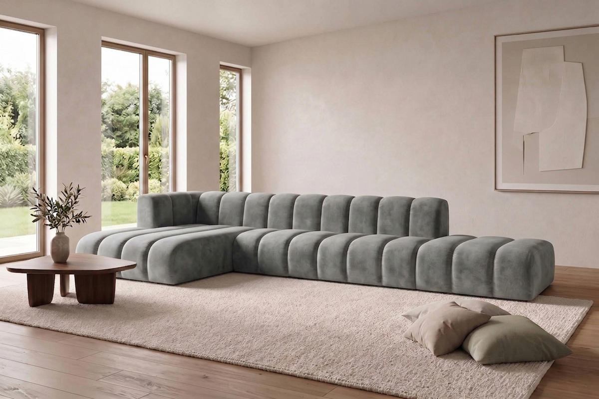 ECKSOFA Modulares In L-Form Mit Hocker, Velvet-Stoff Riviera, Grau, Links, GRAND - Grau, Holz (386/179cm) - Kaiser Möbel