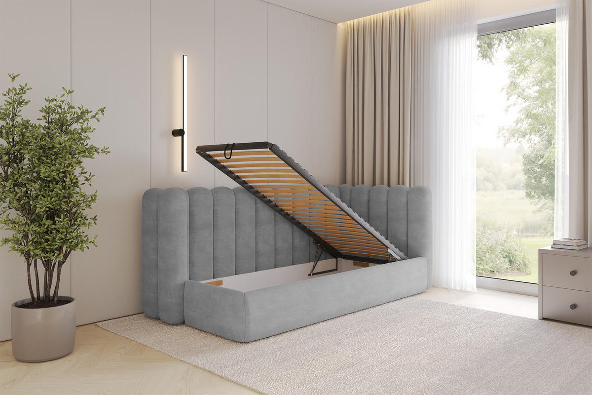 EINZELLBETT Jugendbett mit Bettkasten und Matratze H3/H4, Links - HUGY 100x200 Grau - Hellgrau, Holzwerkstoff/Textil (100/200cm) - ALTDECOR