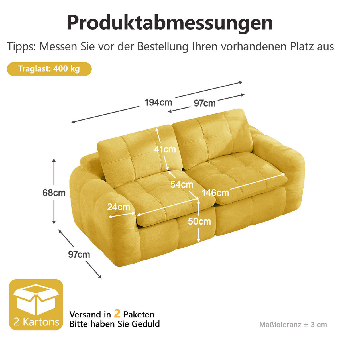 SOFA 194/97/68 cm in Gelb aus Chenille, mit tiefem Sitzkomfort - Gelb, Textil (97/68/194cm) - Flora Grace