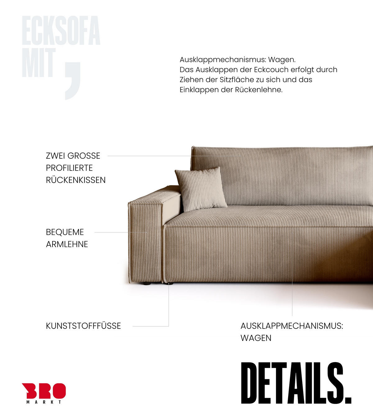 ECKSOFA ADI XL mit Schlaffunktion Beige Cord - Beige, Textil (272/143cm) - Bromarkt