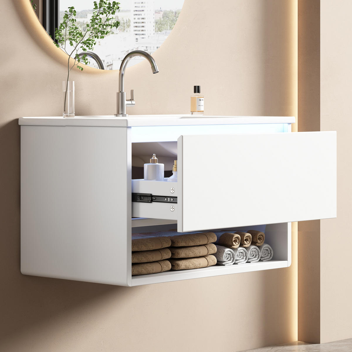 WASCHTISCHUNTERSCHRANK 76,5×46×45 cm, weiß, wandhängend, lackiert, mit LED-Bewegungssensor, 1 Schublade, offenem Fach, leisen Schienen, Waschbecken - Weiß, Holzwerkstoff (46/45/76cm) - Ej. Life