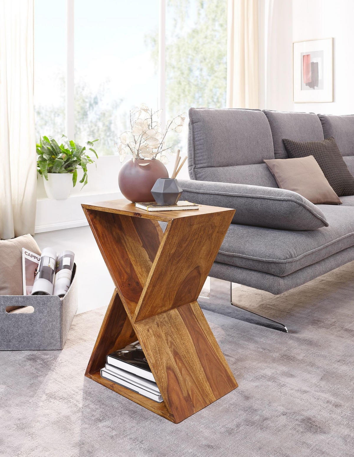 BEISTELLTISCH – Massivholz Braun X-Gestell mit 2 Ablagen - Braun, Holz (30/43/60cm) - KADIMA DESIGN