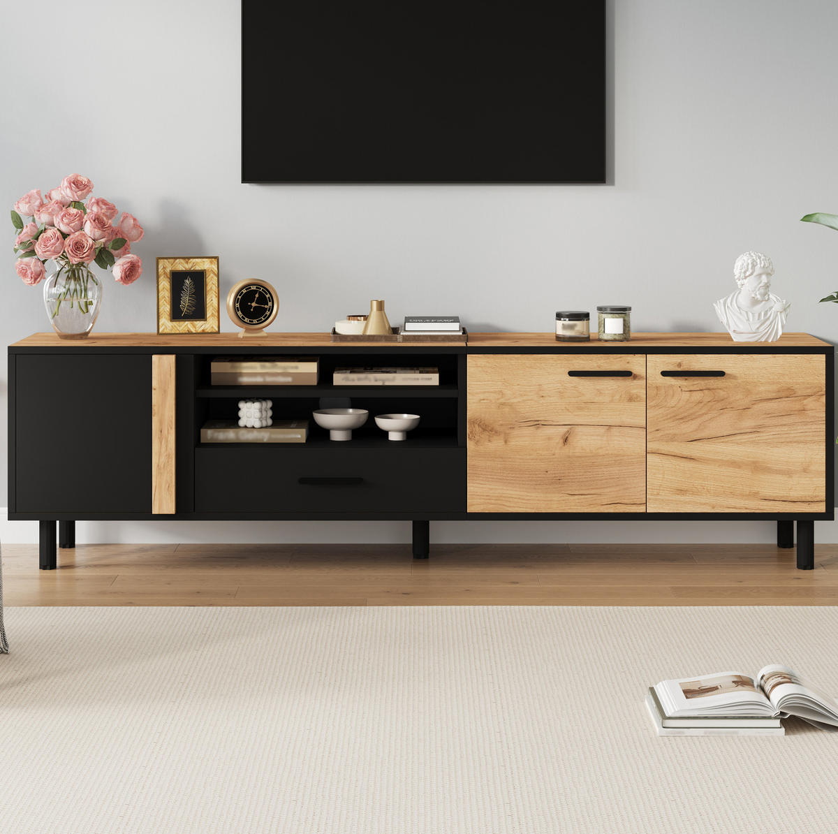 TV-LOWBOARD 180/32,5/50 cm mit 3 Türen, 1 Schublade und offenem Fach aus Spanplatte, Schwarz/Holzoptik - Schwarz, Holzwerkstoff (180/50/32.5cm) - Redom