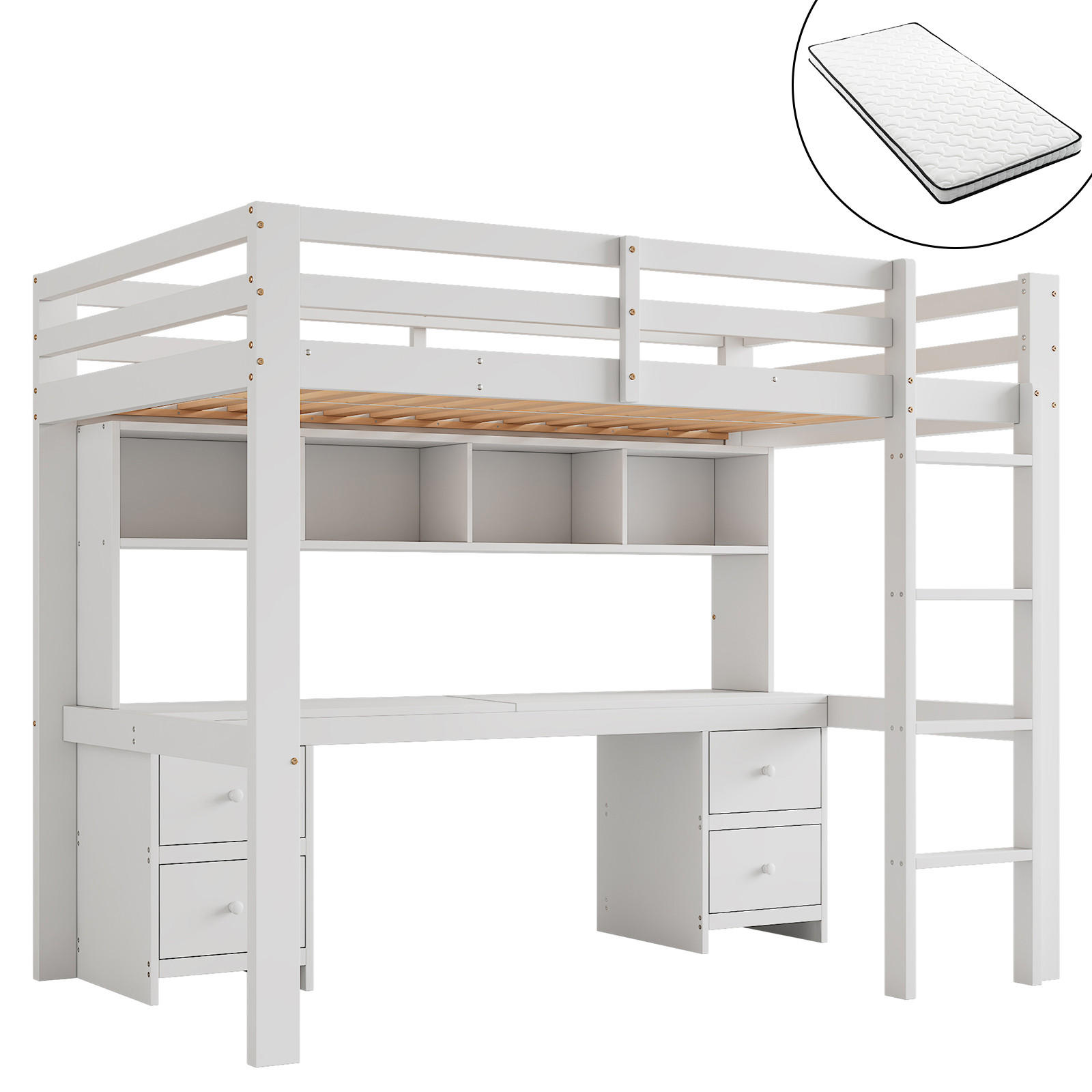 HOCHBETT 90/200 cm Weiß mit Tisch und großem Stauraum mit Matratze - Weiß, Holzwerkstoff (90/200cm) - OKWISH