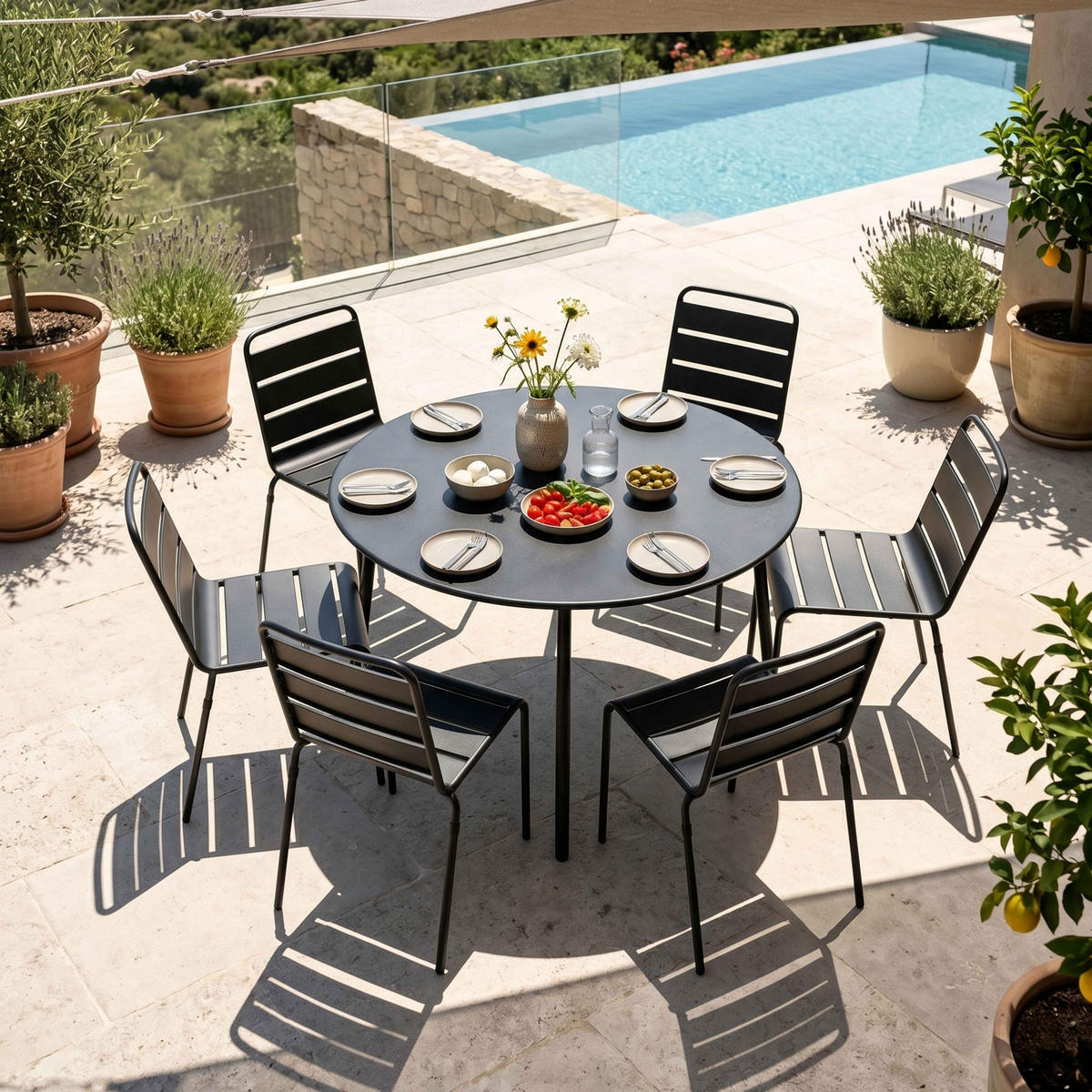 GARTENSET 7-tlg., Grau - Grau, Metall - Oviala