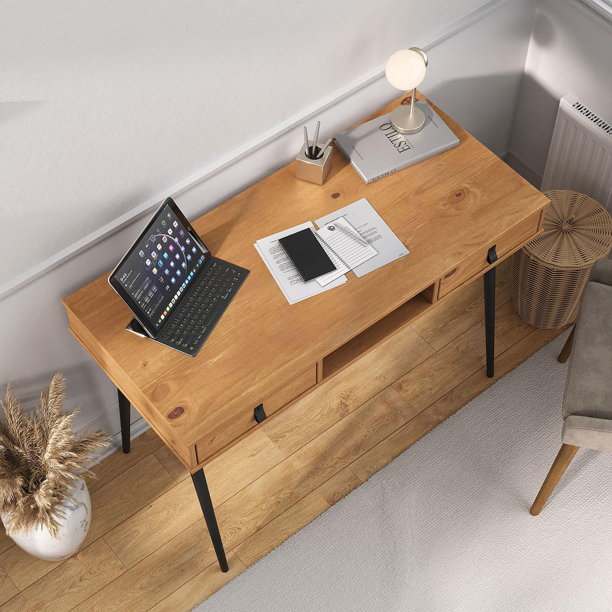 SCHREIBTISCH KIM - Eichefarben/Schwarz, Holz (50/110/76cm) - IDIMEX