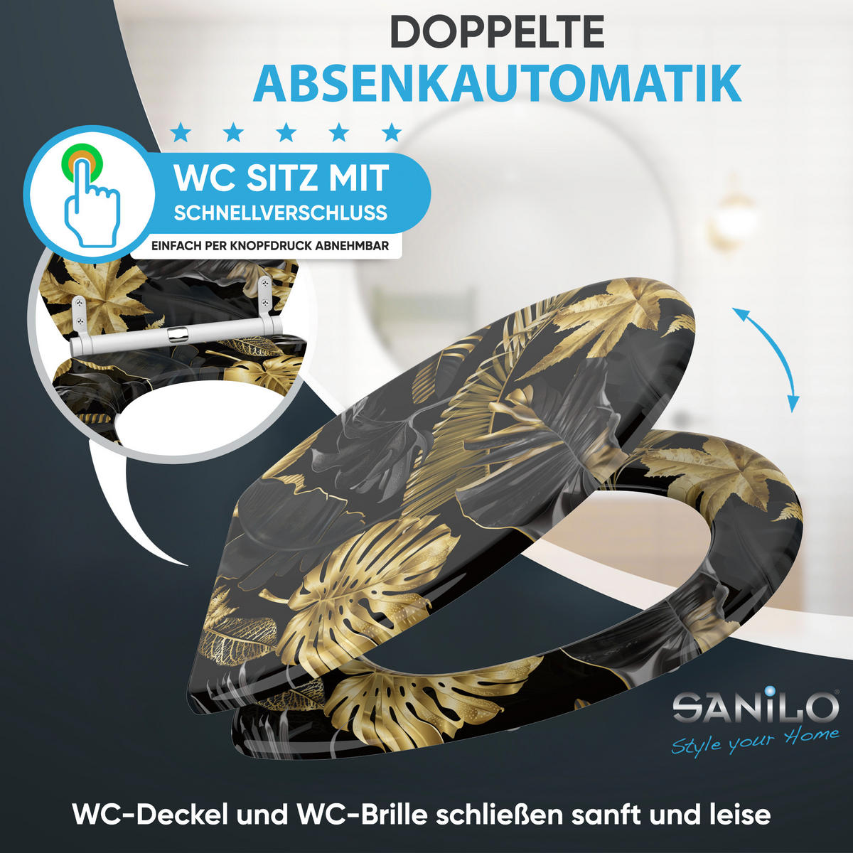 WC-SITZ mit Absenkautomatik & Top Fix Golden Leaves - Goldfarben, Holzwerkstoff (37.7/5.5/48cm) - Sanilo