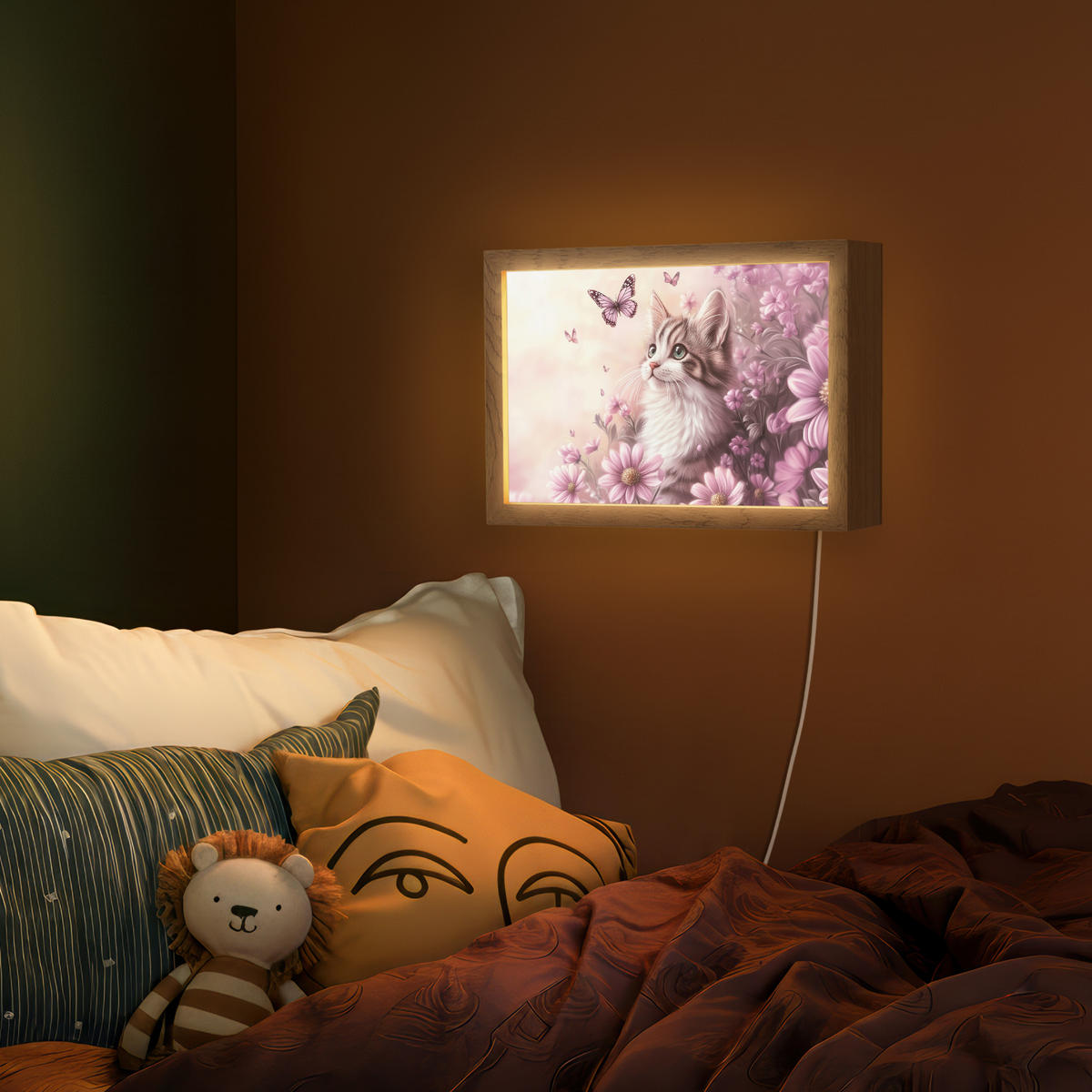NÁSTĚNNÁ LAMPA Koťátko - Květiny - Motýli - Fialová 30x20 cm - starorůžová, kompozitní dřevo (30/20/8cm) - OnlyWow
