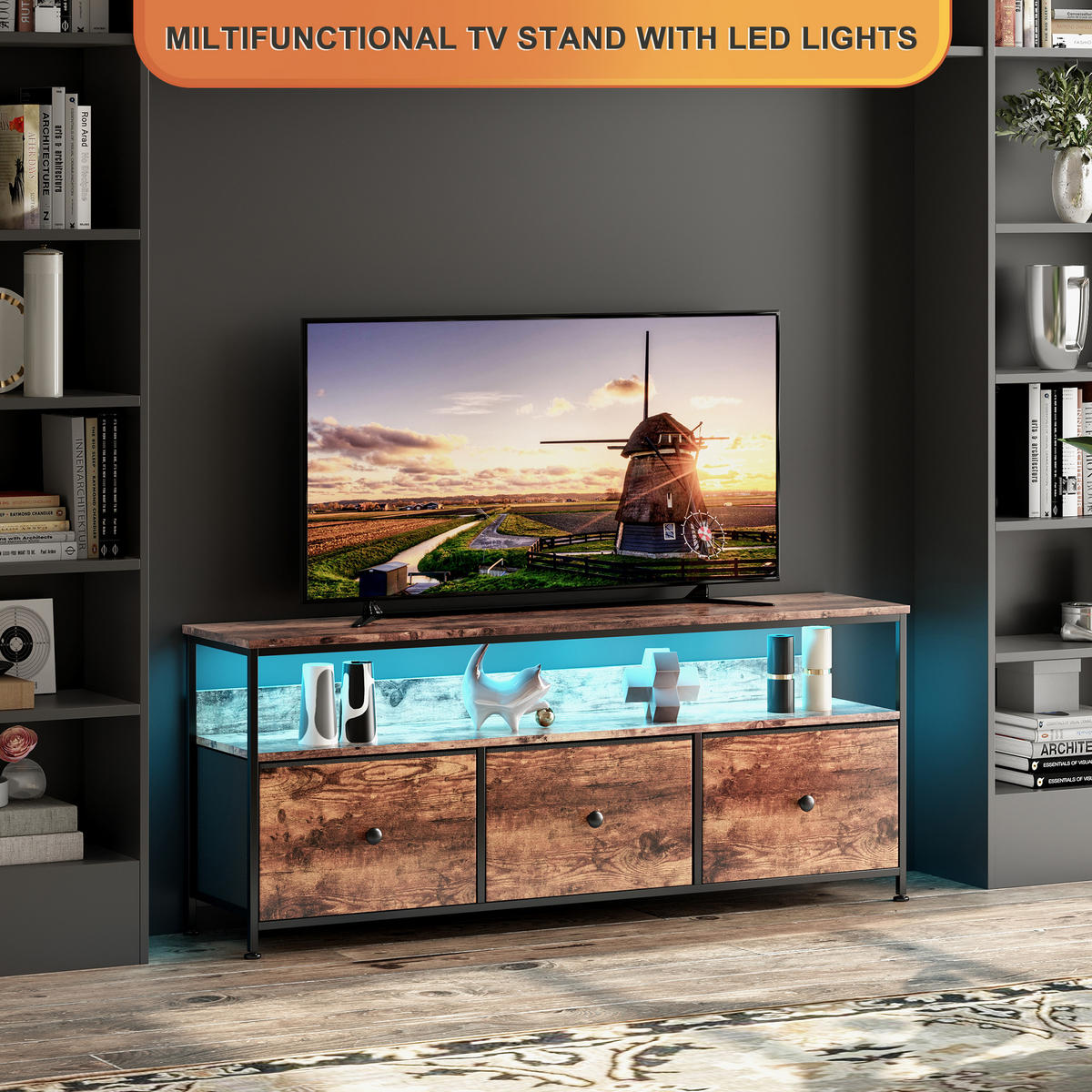 TV Board 137 cm Industrial mit LED RGB Fernsehtisch Holzoptik 3 Schubladen - Schwarz, Holz (137/57/29.8cm)