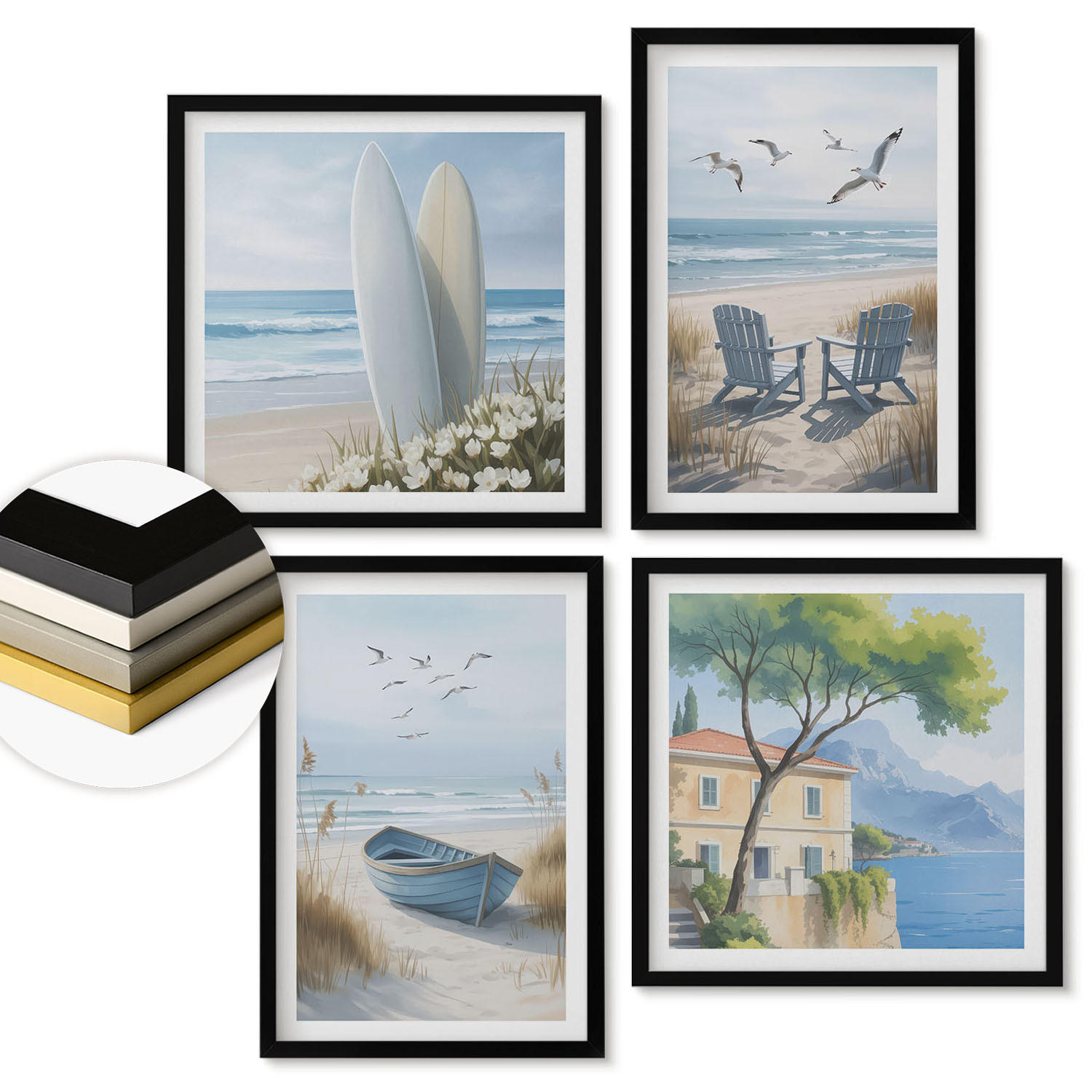 WANDBILDER 4er-Set - 50x50 cm & 40x60 cm Schwarzer Rahmen - Strandbretter, Surfboote, Vögel - Schwarz, Kunststoff (50/50cm) - ArtPrintCave