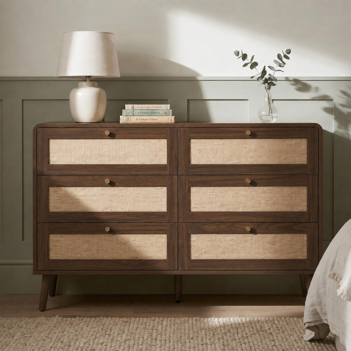 KOMMODE 120cm Walnuss mit 6 Schubladen und Rattan - Walnussfarben, Holzwerkstoff (120/80/40cm) - FLIEKS