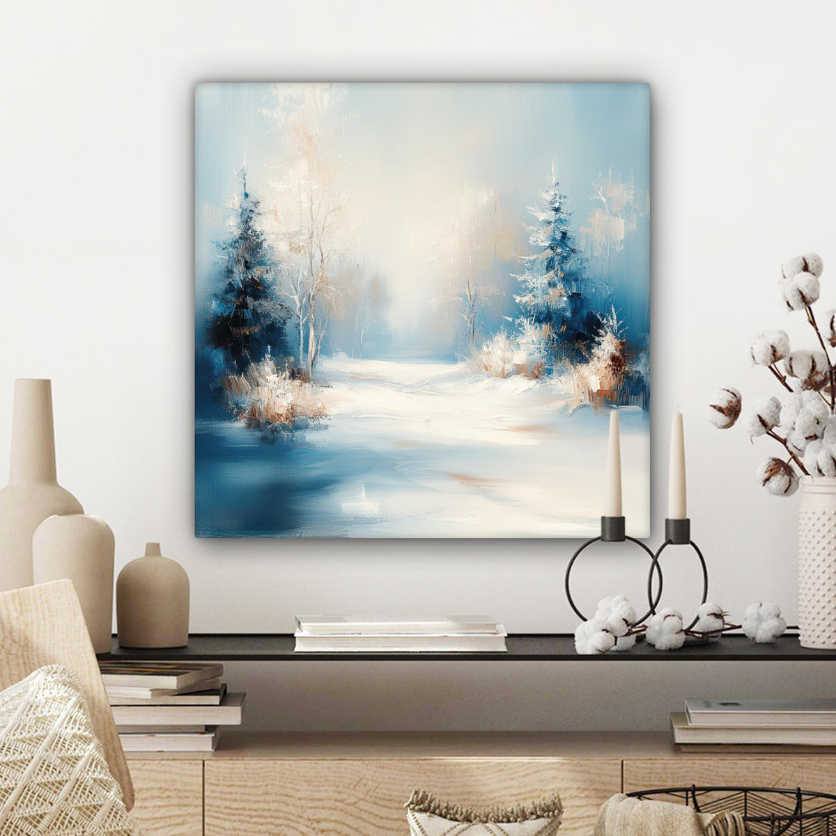 LEINWANDBILD Wald - Winter - Natur - Abstrakt - Schnee Wandbild Wohnzimmer 50x50 cm - Weiß, Textil (50/50cm) - MuchoWow