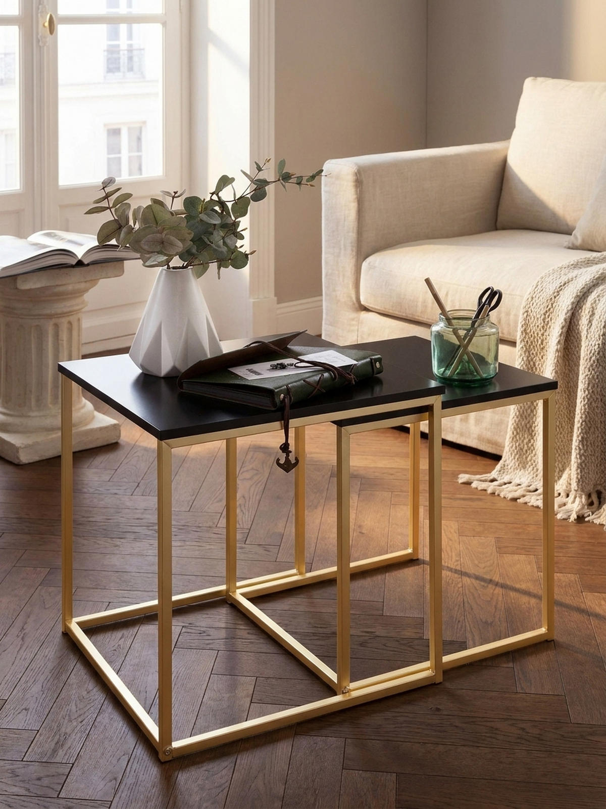 COUCHTISCH 2er Set Metallgestell Glas MDF-Platte TRONTO, Gold 40x40x42 cm - Goldfarben, Holz/Metall (40/40/42cm) - KADIMA DESIGN