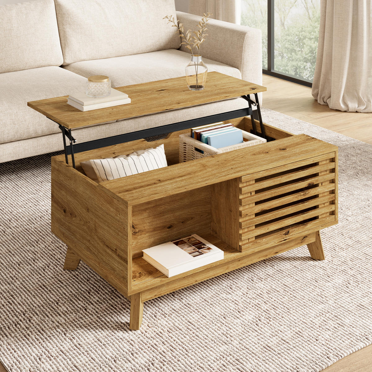 COUCHTISCH höhenverstellbar mit Jalousietür und MDF-Korpus - Naturfarben, Holzwerkstoff (55/90/57.5cm) - FLIEKS