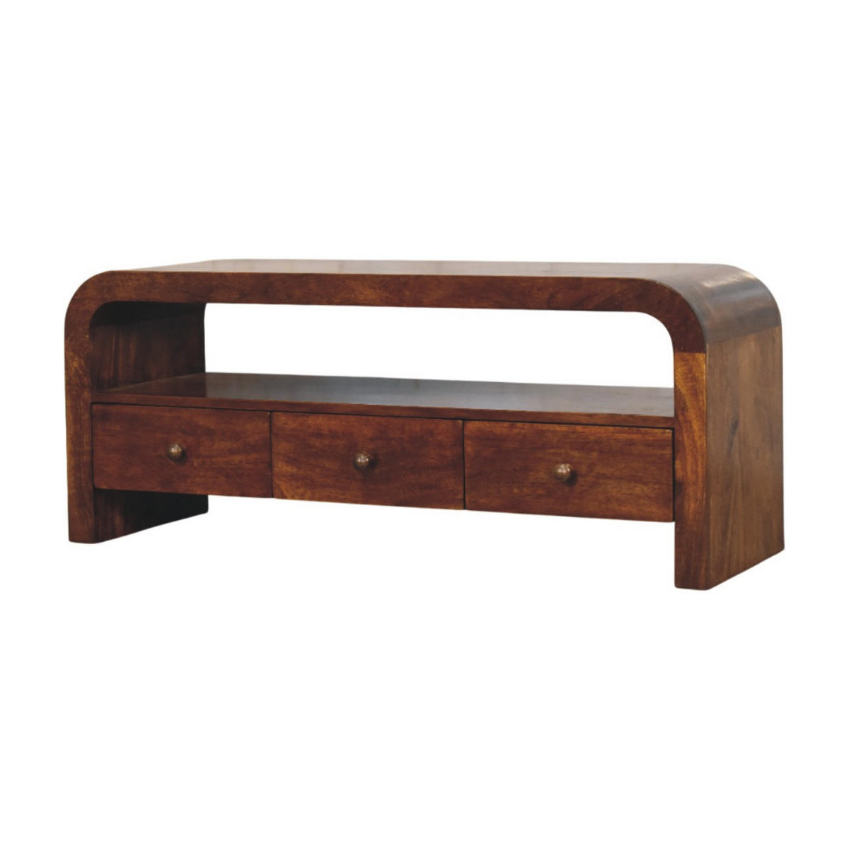 TV-MÖBEL Darcy Kastanie, 3 Schubladen und Offenes Regal, Dunkelbraun - Dunkelbraun/Messingfarben, Holz/Metall (110/45/35cm) - Artisan Furniture