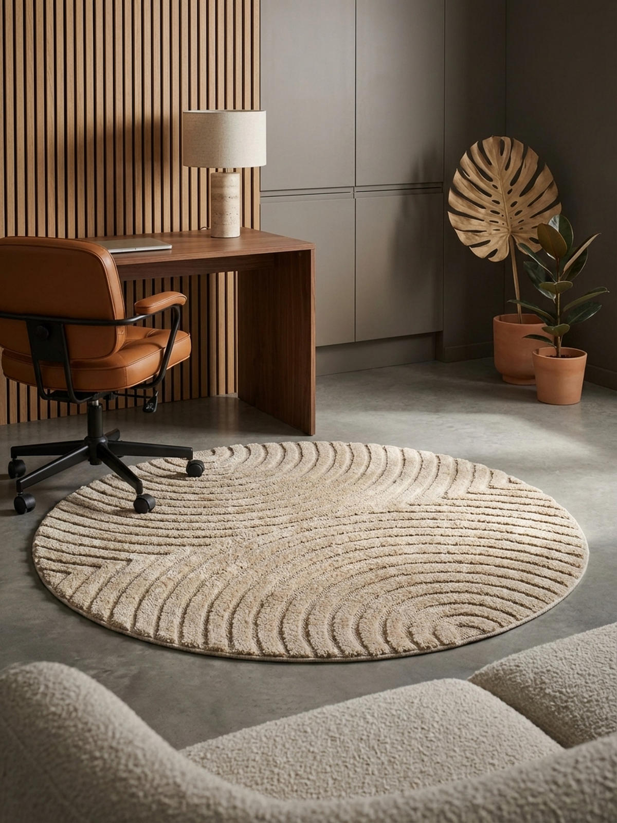TEPPICH Wohnzimmer Hoch-Tief 3D-Effekt Organische Bögen mit 3D-Effekt OEKO-TEX 3D-Relief Boho Rund Beige 200x200 – RIGI - Beige, Textil (200/200cm) - KADIMA DESIGN