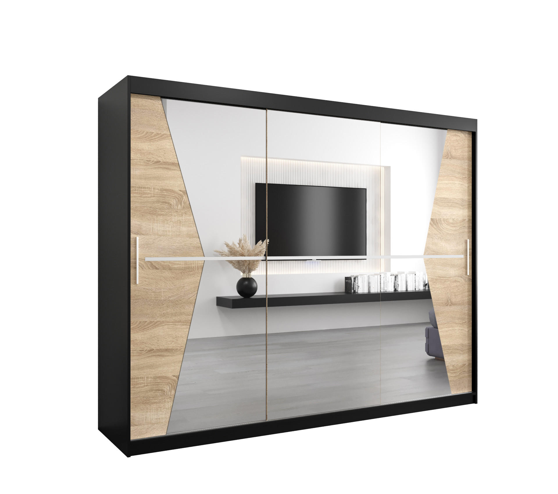 Abiks Möbel Schwebetürenschrank Schwarz, Sonoma Eiche 250x200x62 cm