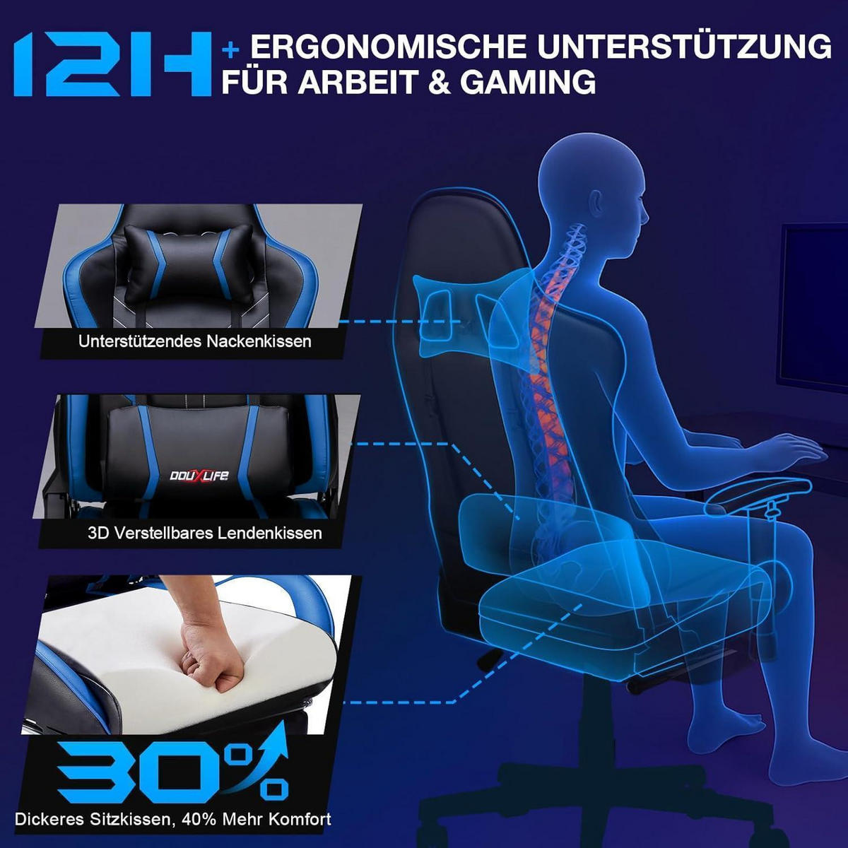 GAMING Stuhl mit Massagefunktion und Fußstütze Schwarz Blau - Multicolor, Kunststoff (32/55/82cm)
