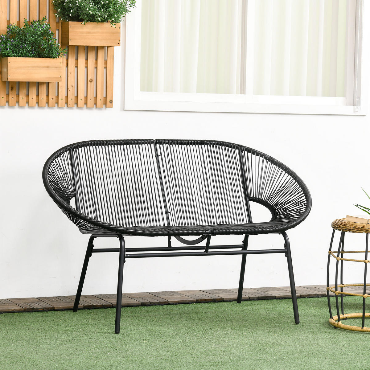 POLYRATTAN Sitzbank 2-Sitzer Rattanbank Gartenbank, für Terrasse, Balkon, Stahl - Schwarz, Metall (72/83/132cm) - Outsunny