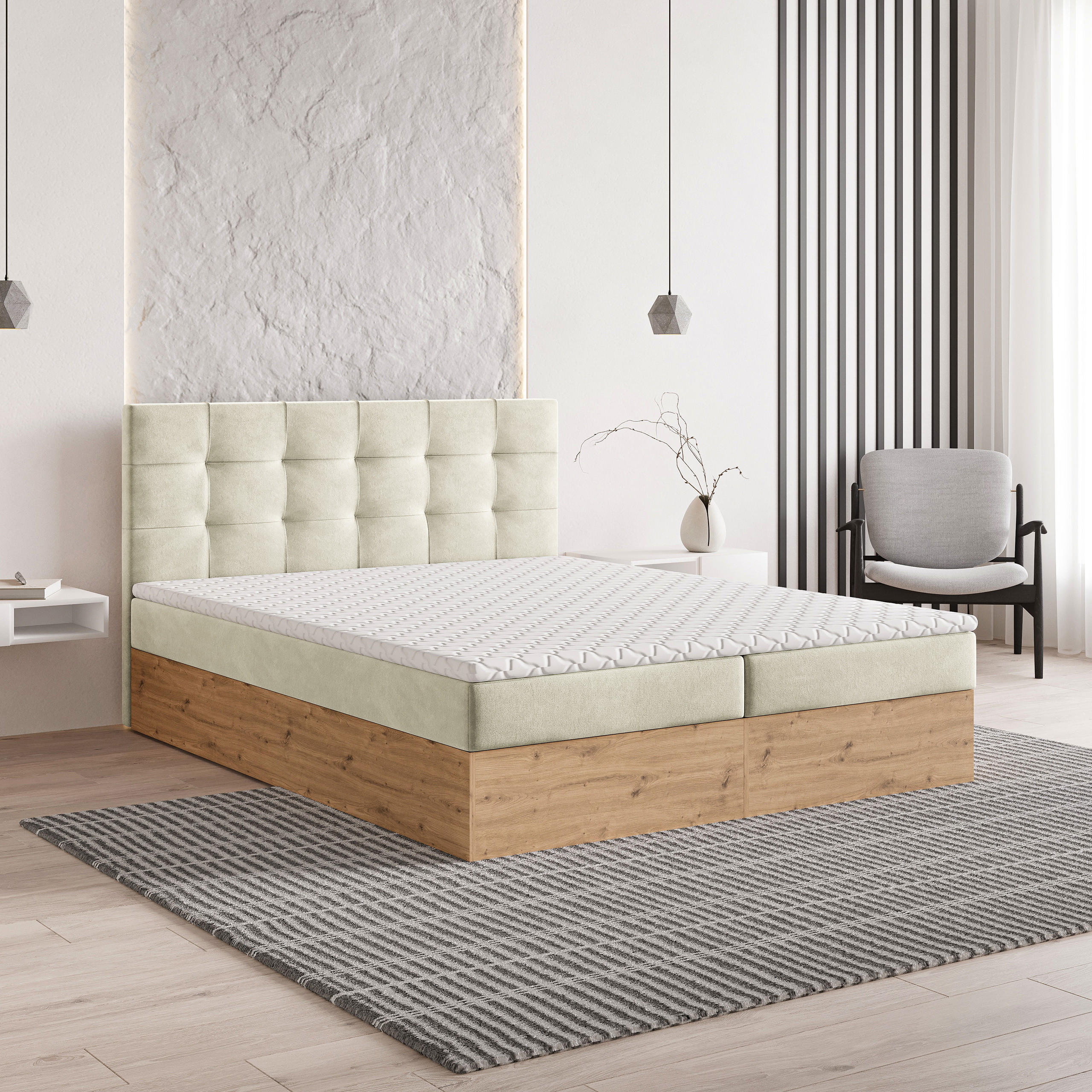 BOXBETT MOLVEN 140x200 cm mit Matratze und Topper - Creme - Creme, Holz (140/200cm) - MASSENO