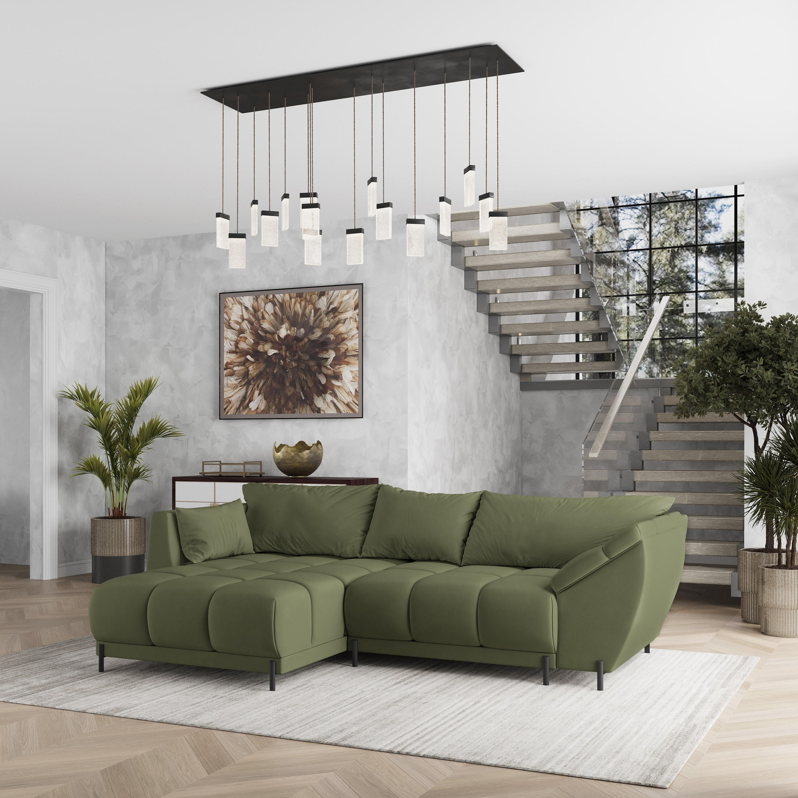ECKSOFA VESTANO L-S Grün Velours-Stoff mit Schlaffunktion - Grün, Holz (287/182cm) - MASSENO