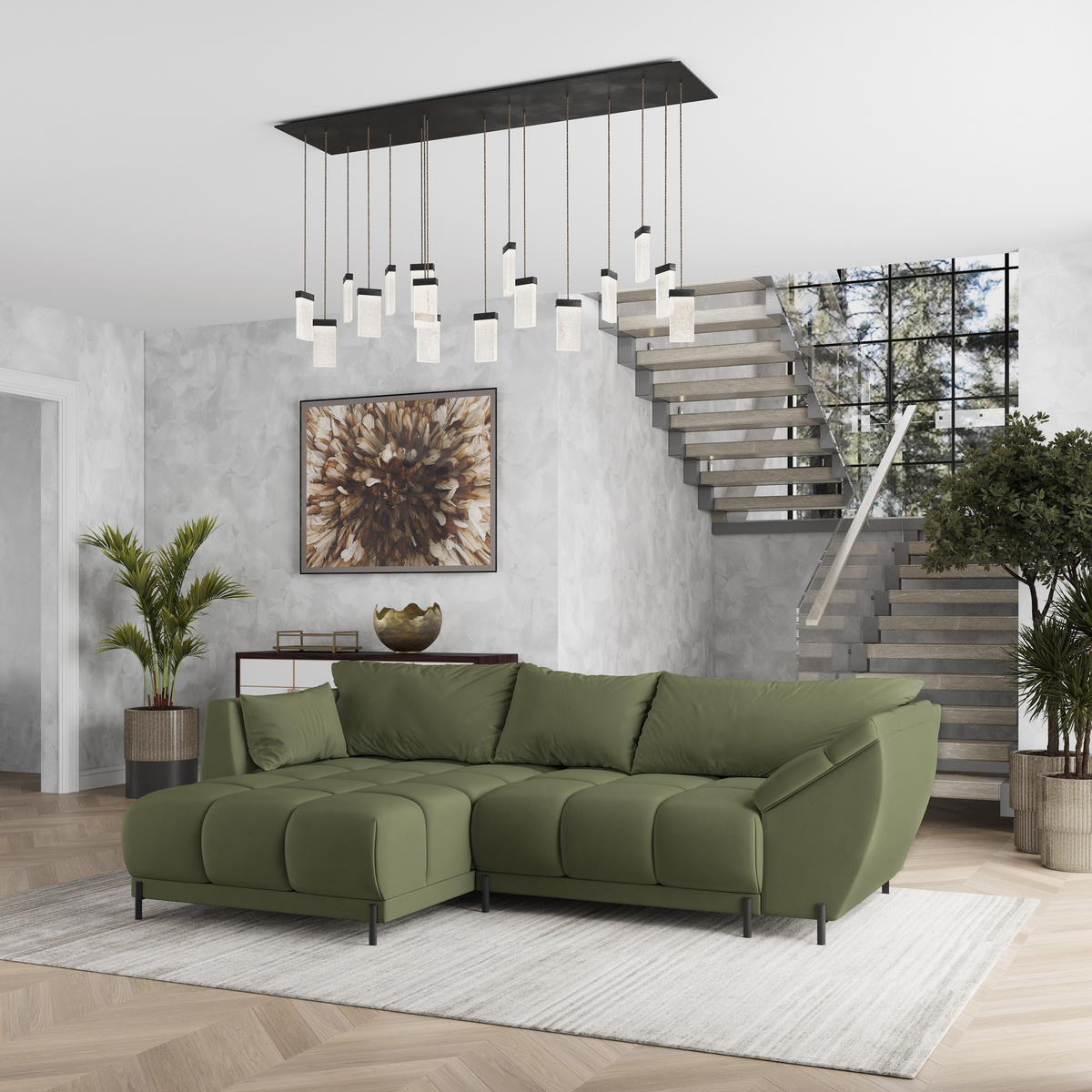 ECKSOFA VESTANO L-S Grün Velours-Stoff mit Schlaffunktion - Grün, Holz (287/182cm) - MASSENO