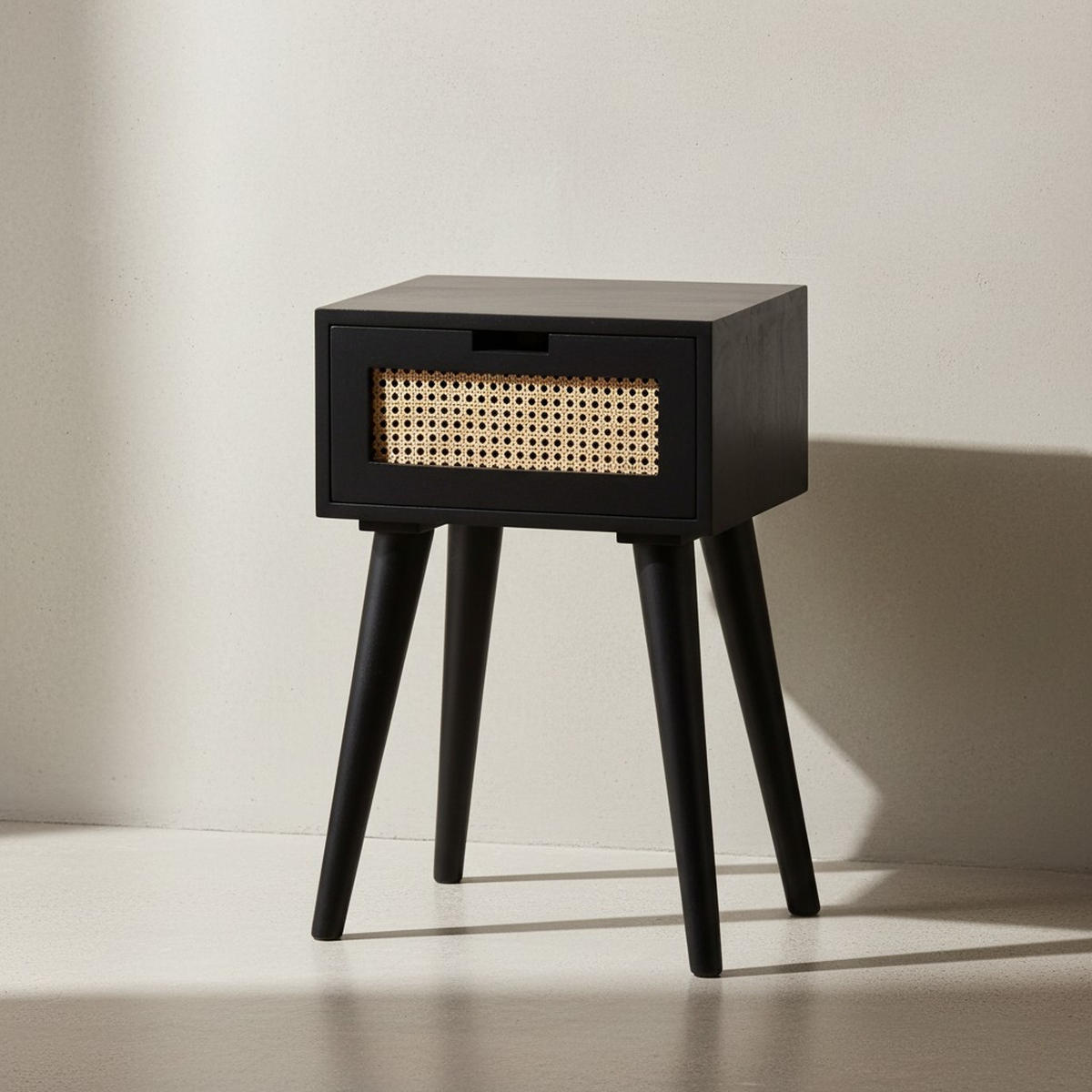 NACHTTISCH – Mango Massivholz/Rattan, 40x60x30 cm, Schwarz, 1 Schublade, Wiener Geflecht - Schwarz, Holz (40/60/30cm) - KADIMA DESIGN