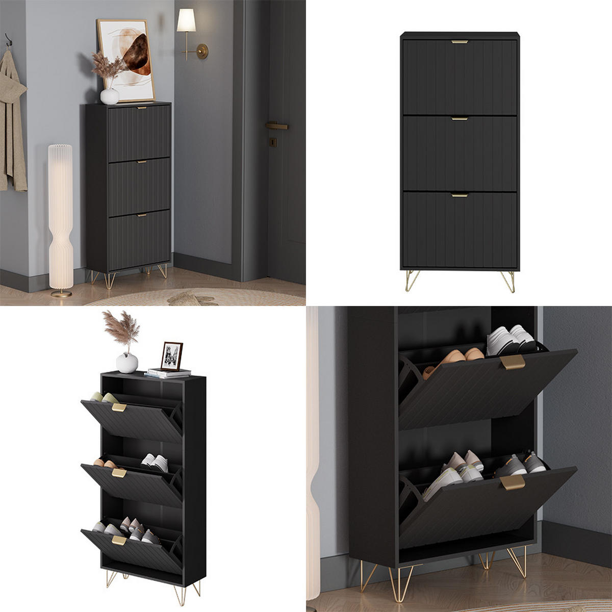 SCHUHSCHRANK Helge Schwarz 60 x 128.5 cm 3 Fächer - Schwarz, Holzwerkstoff (60/128.5/23.5cm) - Vicco